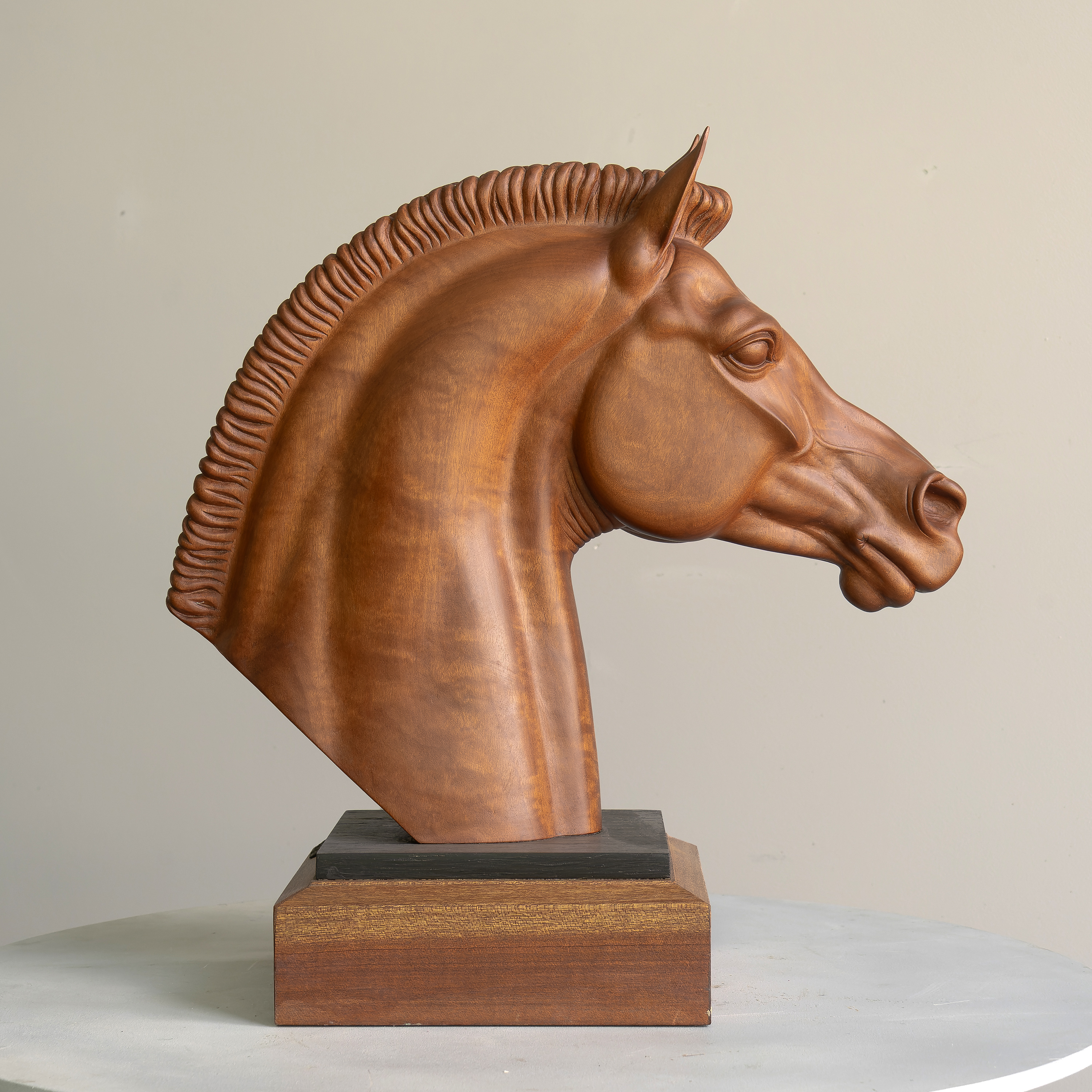 Horse head, red wood sculpture by Sergey Bondarenko — alternate angle 1