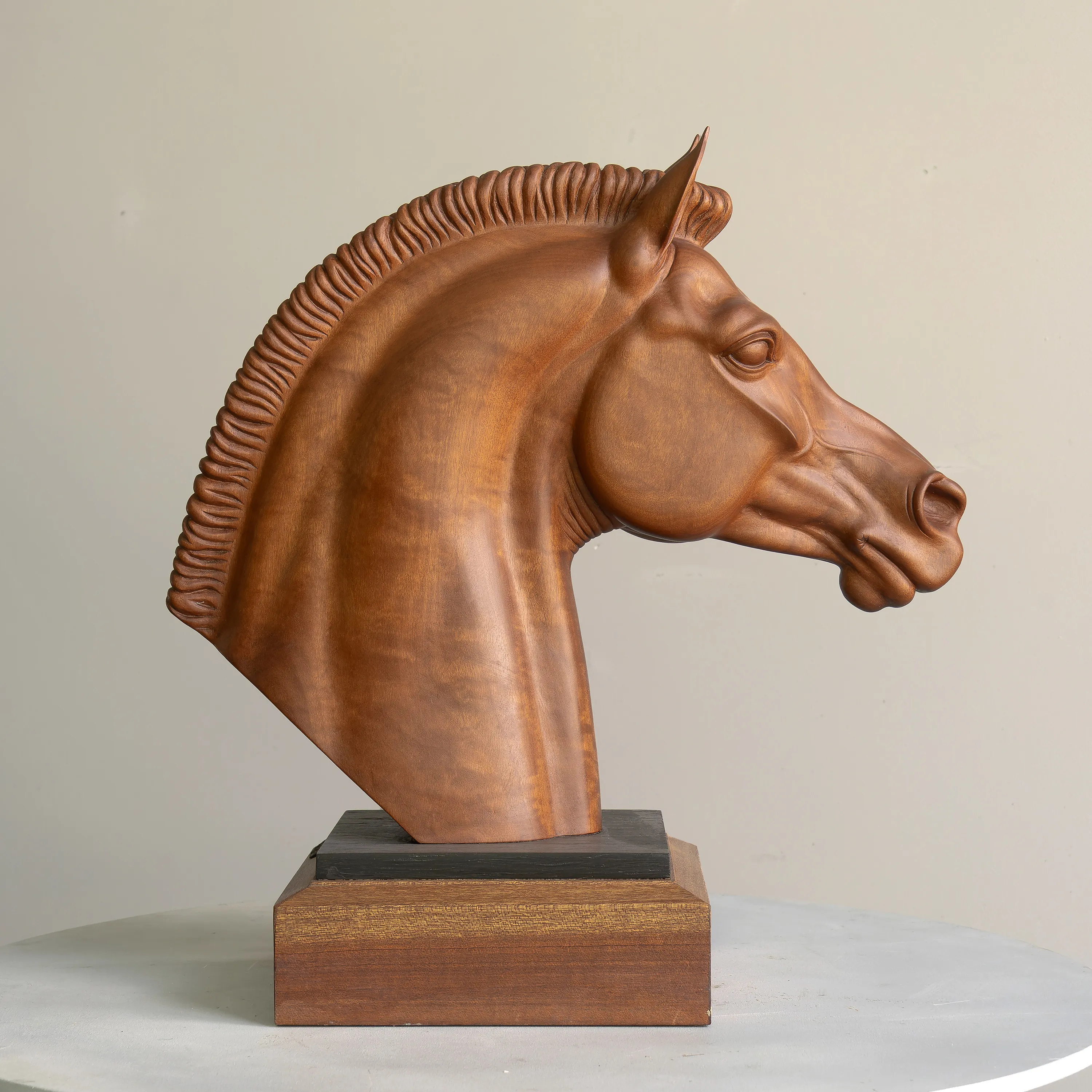 Horse head, red wood sculpture by Sergey Bondarenko — alternate angle 1