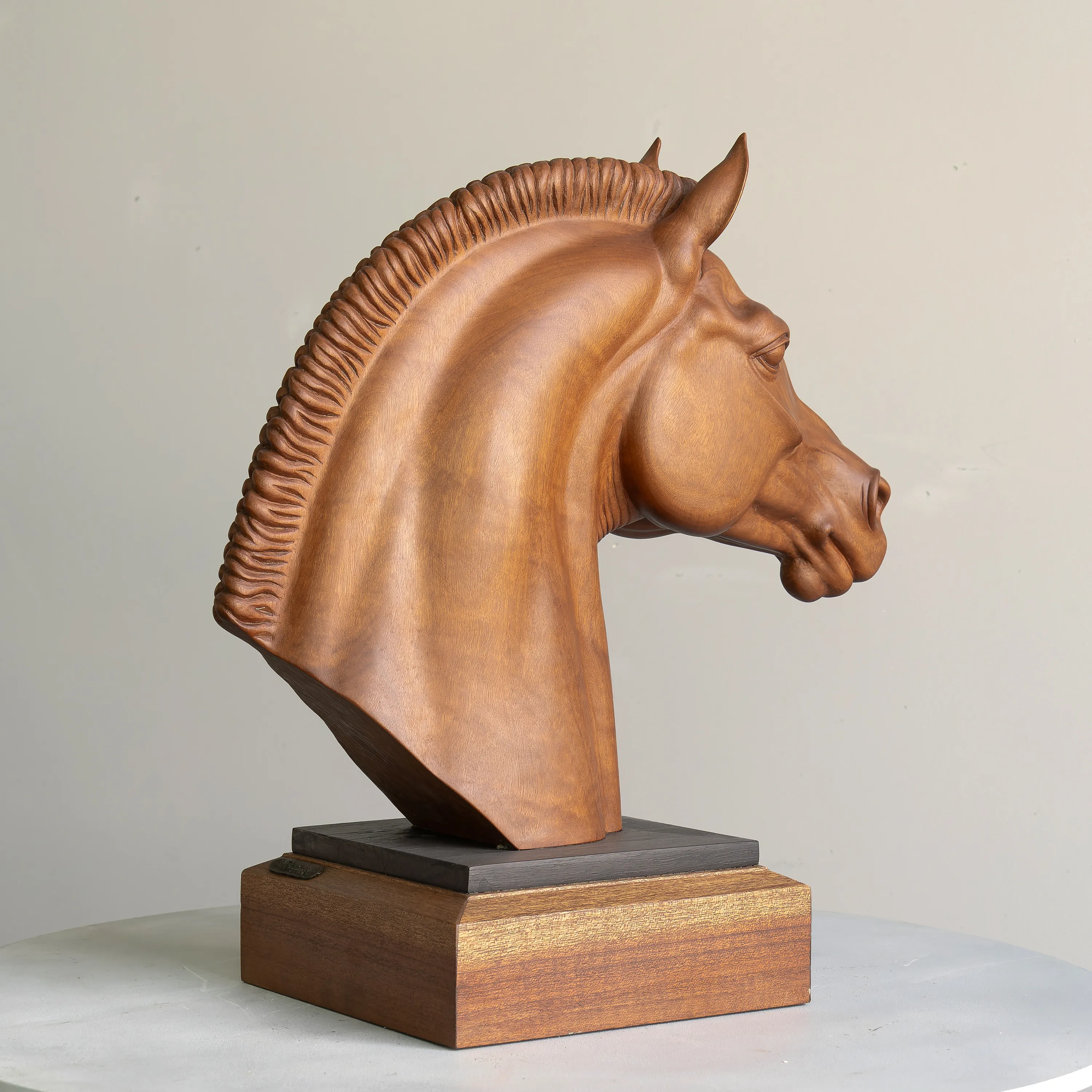 Horse head, red wood sculpture by Sergey Bondarenko — alternate angle 2