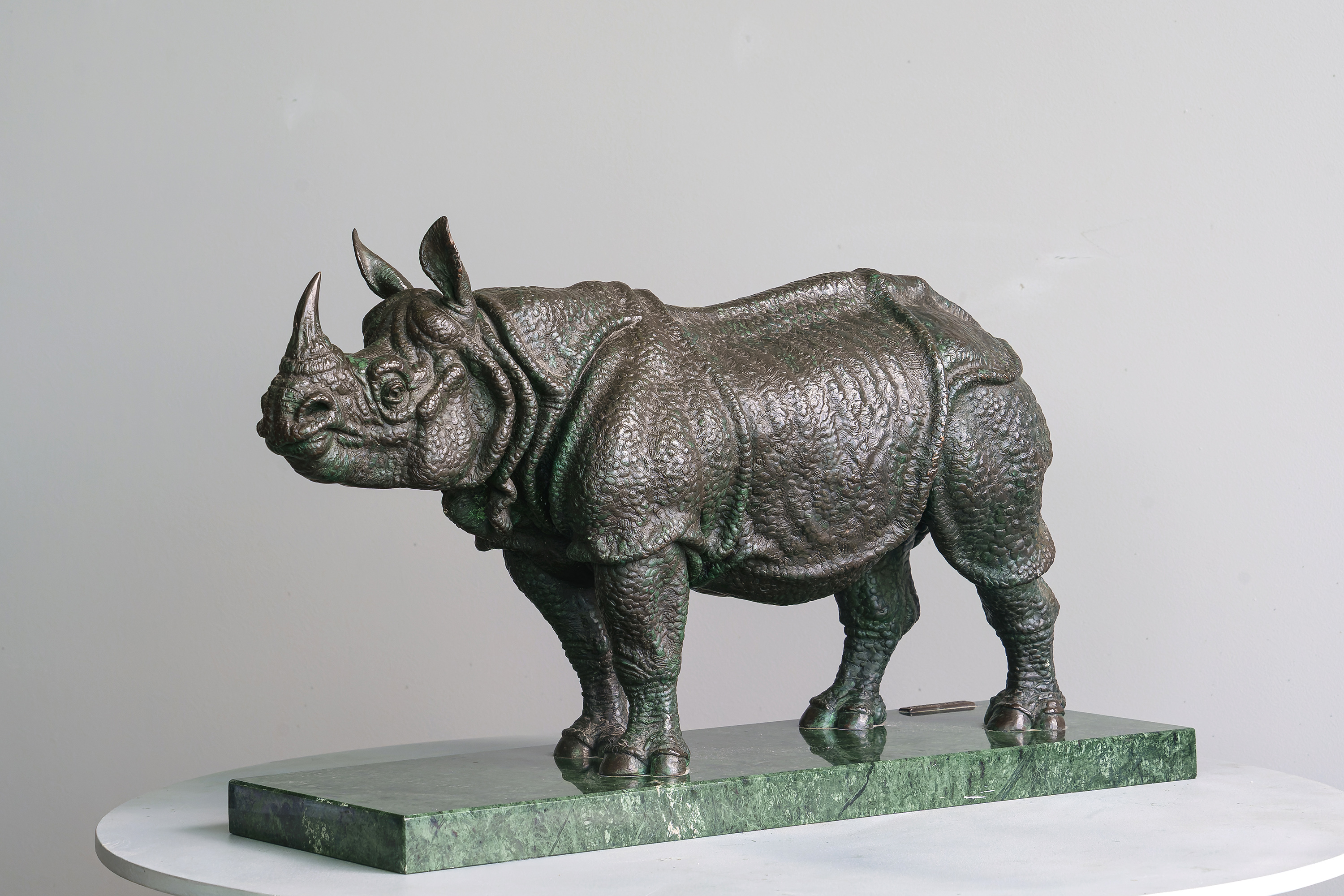 Indian rhinoceros, bronze sculpture by Sergey Bondarenko — front view